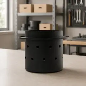 Brazier designed for 4 kW pellet stove with ventilation holes, made of durable black material.