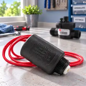 Solenoide 24V 118-5983 nero con cavi rossi su banco da lavoro