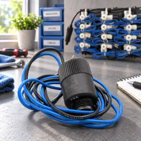 24-V-Magnetschalter mit blau-schwarzem Kabel für Bewässerungsventile auf Werkbank