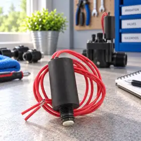 606800 24V solenoid with red lead wires on a workshop bench