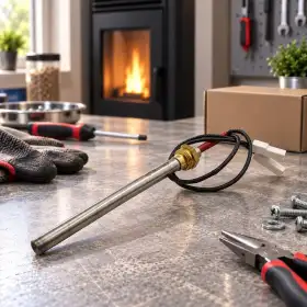 Spark plug igniter with wiring for stove or fireplace repair on workbench