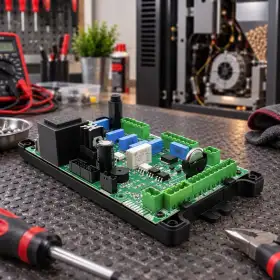 Pllakë amë për sobë me pelet me konektorë dhe komponentë elektronikë në tavolinë pune