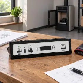 Pantalla de tres botones para estufa de pellets sobre mesa de trabajo