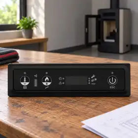 Pantalla de tres teclas con protección, panel negro con display y botones sobre mesa