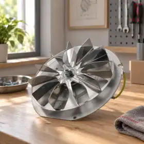 Ventilateur de fumée métallique avec turbine à ailettes, posé sur un établi d’atelier