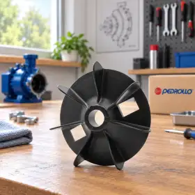 Black cooling fan for electric pump with 20 mm shaft on workshop bench