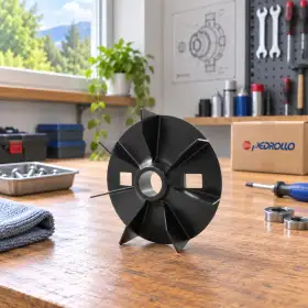 Ventola nera per elettropompa FAN-100 con foro albero 28 mm su banco da lavoro