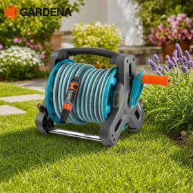 8010-20 - Manguera de jardín + carrete compacto para manguera y accesorios