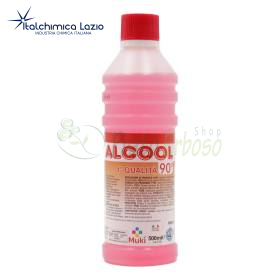 500 ml bottle of 90° denatured ethyl alcohol with red cap and pink liquid