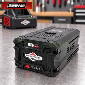 Briggs & Stratton 82V MAX 4Ah lithium battery on workbench with charger in background
