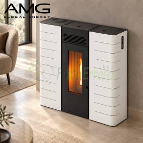 White 8.7 kW Basic Steel pellet stove with black glass door and visible flame in modern living room