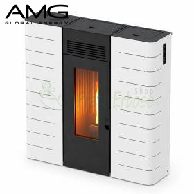 White 8.7 kW Basic Steel pellet stove with black glass door and visible flame in modern living room