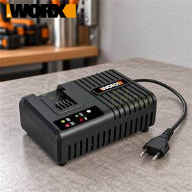 Caricabatteria WORX WA3867 20 V ultraveloce con indicatori LED e cavo su banco da lavoro
