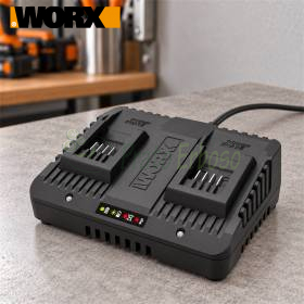 Caricabatterie doppio WORX 20 V WA3772 su banco da lavoro