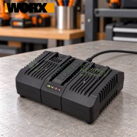 Chargeur rapide double station WA3883 20 V sur établi d’atelier